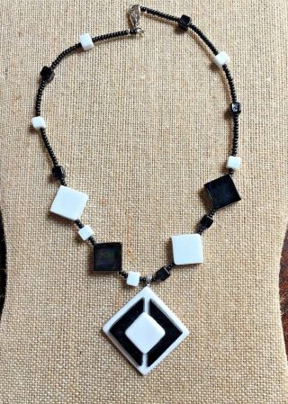 Artesian Made Glass Necklace Black & White Necklace - Art Deco Style - Rare