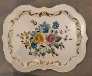 Large Vintage Octagonal Ivory Floral Hand Painted Tole Metal Tray Cabbage Rose