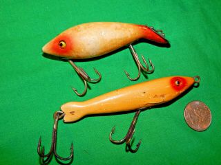 Two 1920s Heddon Dowagiac Minnow Lures Tadpolly & Big Mary Saltwater Carve Tail