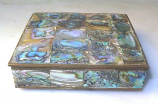 Vintage Antique Hecho Mexico 1950/60s Taxco Abalone Shell Trinket Box Wood Lined