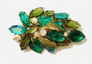 Antique Green Vintage Frosted Glass Aurora Borealis Crystal Grape Cluster Brooch