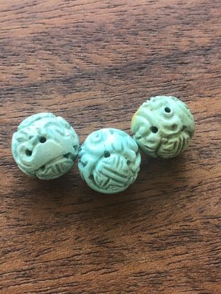 3 Vintage Old Stock Carved Chinese Turquoise Shou Beads 12mm