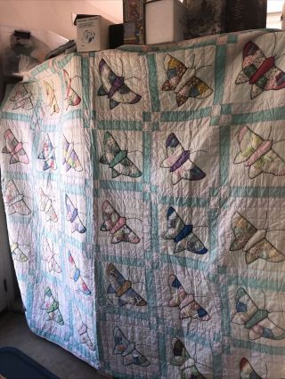 Vintage Butterfly Sack Fabric Hand Made Quilt 78”x 80”
