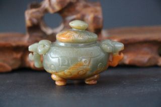 Chinese Antique Hetian Hand Carved Jade Beast Censer Pot