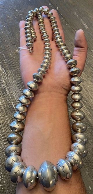Giant Rare Old Navajo Yazzie Handmade Sterling Pearl Bench Bead Necklace Over 3’