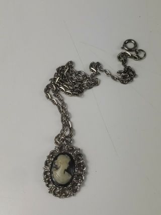 Vintage Antique Cameo Pendant Necklace In Silver Tone Setting With Chain