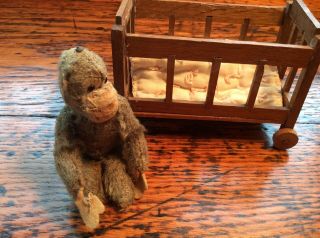 Antique Jointed Monkey In Old Wooden Crib On Wheels 2