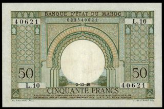 Morocco 50 Francs 1949 Xf Rare & Banknote French Colonial Currency