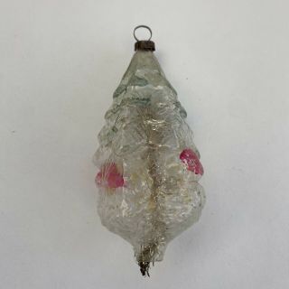 Antique Vintage Green Blown Glass Christmas Tree Ornament W/ Tinsel Unsilvered