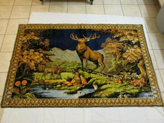 Vintage Tapestry Stag Deer In Meadow By Water - 74 " X 48 " Wall Hanging - Italian?