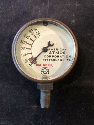 Vintage Pressure Guage American Atmos Corp Brass 0 - 150 Atm Use No Oil Us Ny Rare