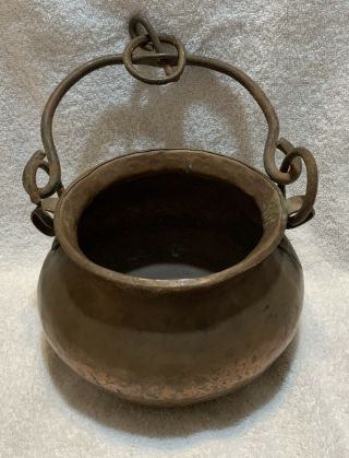 Antique Primitive Copper Cooking Cauldron Pot Kettle Hand Hammered