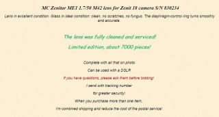 Rare MC Zenitar ME1 1.  7/50 M42 lens for Zenit 18 camera S/N 830234,  SERVICED 2