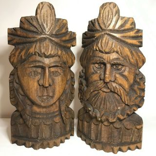 Vintage Hand Carved Wooden King And Queen Man And Woman Plaques Wall Decor 10 "