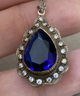 Antique Art Deco Sterling Silver Large Sapphire Color & Crystal Necklace 16”