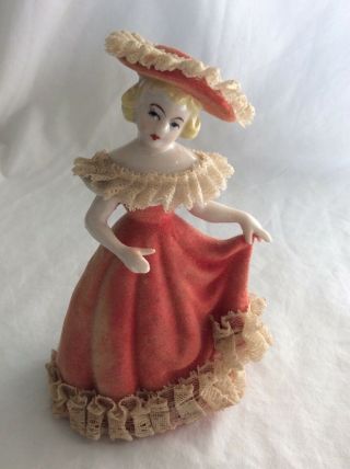 Vintage Porcelain Lady With Lace On Dress & Hat,  6”