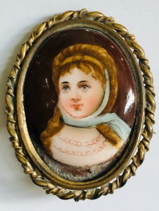 Antique Jewelry Georgian Hand Painted Portrait Lady 1898 Brooch Pin C Clasp