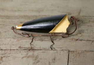Antique Wood Fishing Lure Bite Em Bate Company Revolving Lure Vintage Black Gold