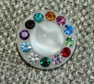 Antique Vtg Glass Button Moonglow With Rhinestone Pastes Apx3/48 " 738 - D