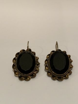 Antique Gold Filled Victorian Mourning Jewelry Pierced Earrings /black Stones Nr