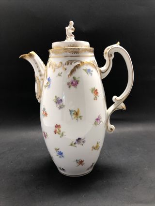 Rare Antique Dresden Signed Hand Painted Flowers Chocolate Pot Gold Gilt 10 1/2