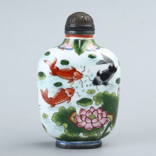 Chinese Exquisite Handmade Lotus Fish Pattern Copper Enamel Snuff Bottle