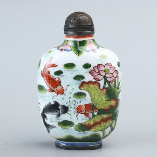 Chinese Exquisite Handmade lotus fish pattern Copper enamel Snuff Bottle 3