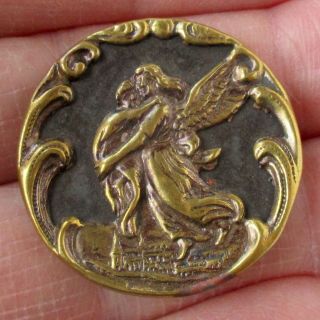 1 3/16 " Antique 2 - Piece Stamped Brass Button W Angel Carrying Child