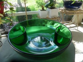 Rare Anchor Hocking Forest Green Mid Century Modern Chip And Dip Vegetable Bowl