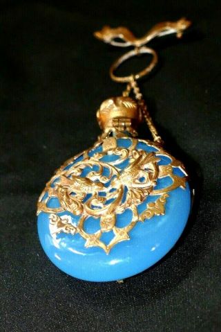 Antique French Blue Opaline Glass Perfume Flask Scent Chatelaine Brooch Rare