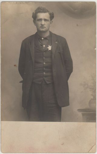 Antique Western Sincere - Looking Sheriff Lawmen Silver Badge Rppc Photo