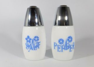Rare Vintage Gemco Floral Blue And White Salt & Pepper Shakers Crome Toppers