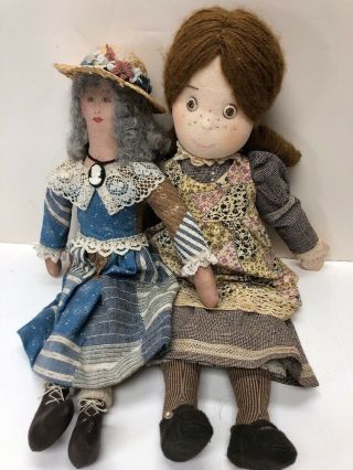 17” & 19” 2 Vintage Cloth Artist Made Dolls With Hand Painted Face & Yarn Hair