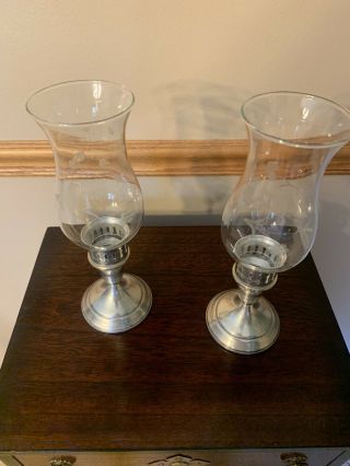 Vintage Pair Towle Sterling Silver Candle Holders With Etched Hurricane Globes 2