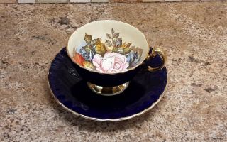 Rare Cobalt Aynsley Cabbage Rose Teacup And Saucer Signed J A Bailey
