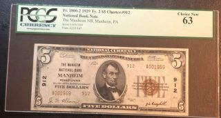 1929 $5 Note Manheim National Bank,  Manheim Pa Pcgs 63 Choice Rare
