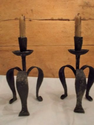 Rare Early American Wrought Iron Candle Holders 17th Century Blacksmith Marked