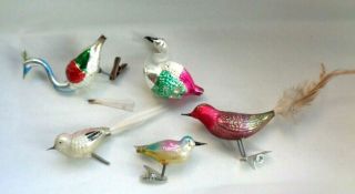 Antique Vintage 5 Colorful Glass Bird Swan Clip Christmas Tree Ornaments
