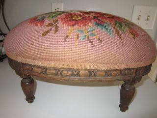 Antique Vtg Carved Wood Foot Stool Rest Needlepoint Round Oval Top