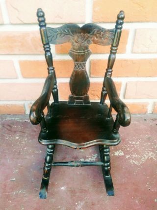 Vintage Wooden Rocking Chair With Carved Design For Doll Or Bear