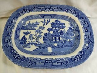 Antique English Flow Blue Willow Pattern Transferware Semi China Platter