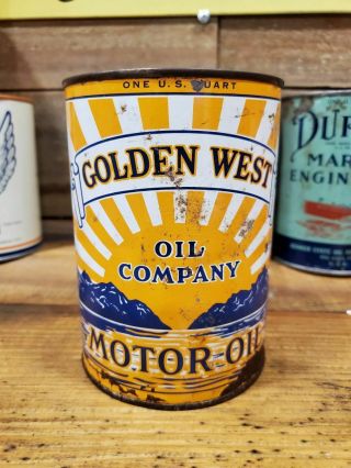 Vintage Rare Golden West Motor Oil Can Metal Quart Sunset Graphic 1 Qt
