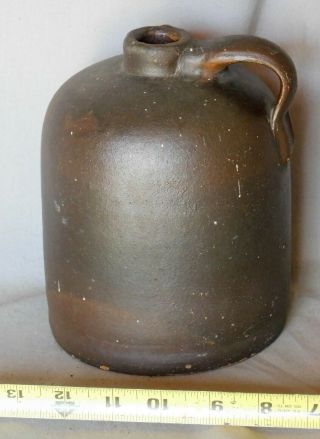 Antique Redware Jug Brown Painted Ear Handle Clay Pottery 19th Cent.  1/2 Gallon