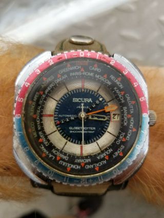 Rare Vintage Sicura Globetrotter Gmt World Time Pepsi Watch - Cw