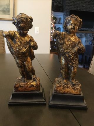 Pair Vtg Borghese Gilted Cherubs Angels Child French Style Statues C90