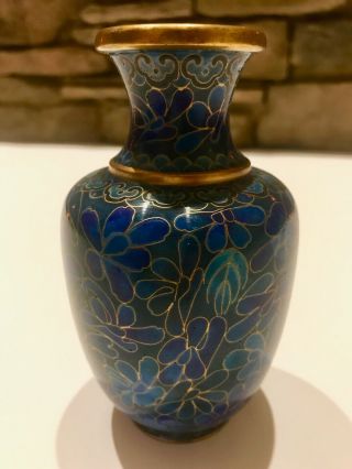 Vintage Chinese Light Blue Floral Cloisonne Vase 5 " Handmade Flowers Indigo