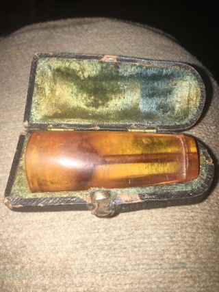 Antique Amber Cigar Holder Tip With Leather Hard Case