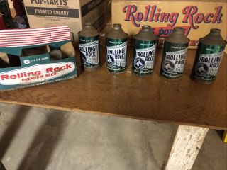 (5) Vintage C 1950 Rolling Rock Cone Top Beer Cans With Carrier - Rare