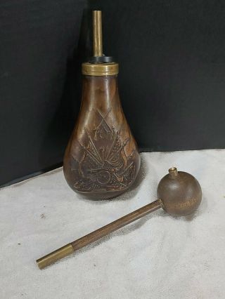 Antique Brass & Copper Powder Flask W/ Embossed Cannon & Guns & Bullet Starter