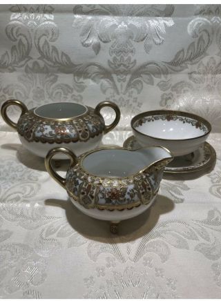 Antique Nippon,  Hand Painted Gold Moriage,  Sugar Bowl,  Cup Bowl,  Saucer,  Creamer